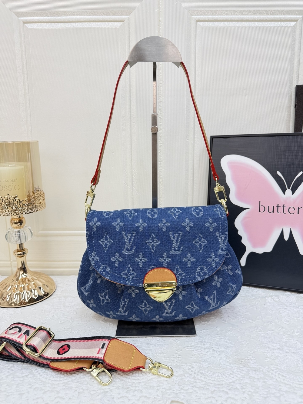 Blue Monogram Denim Shoulder/ Crossbody Bag with Red Strap